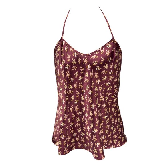 LINDA For Eaton Satin VTG Grannycore Burgundy Floral Halter Cami Top Size M - Picture 1 of 5